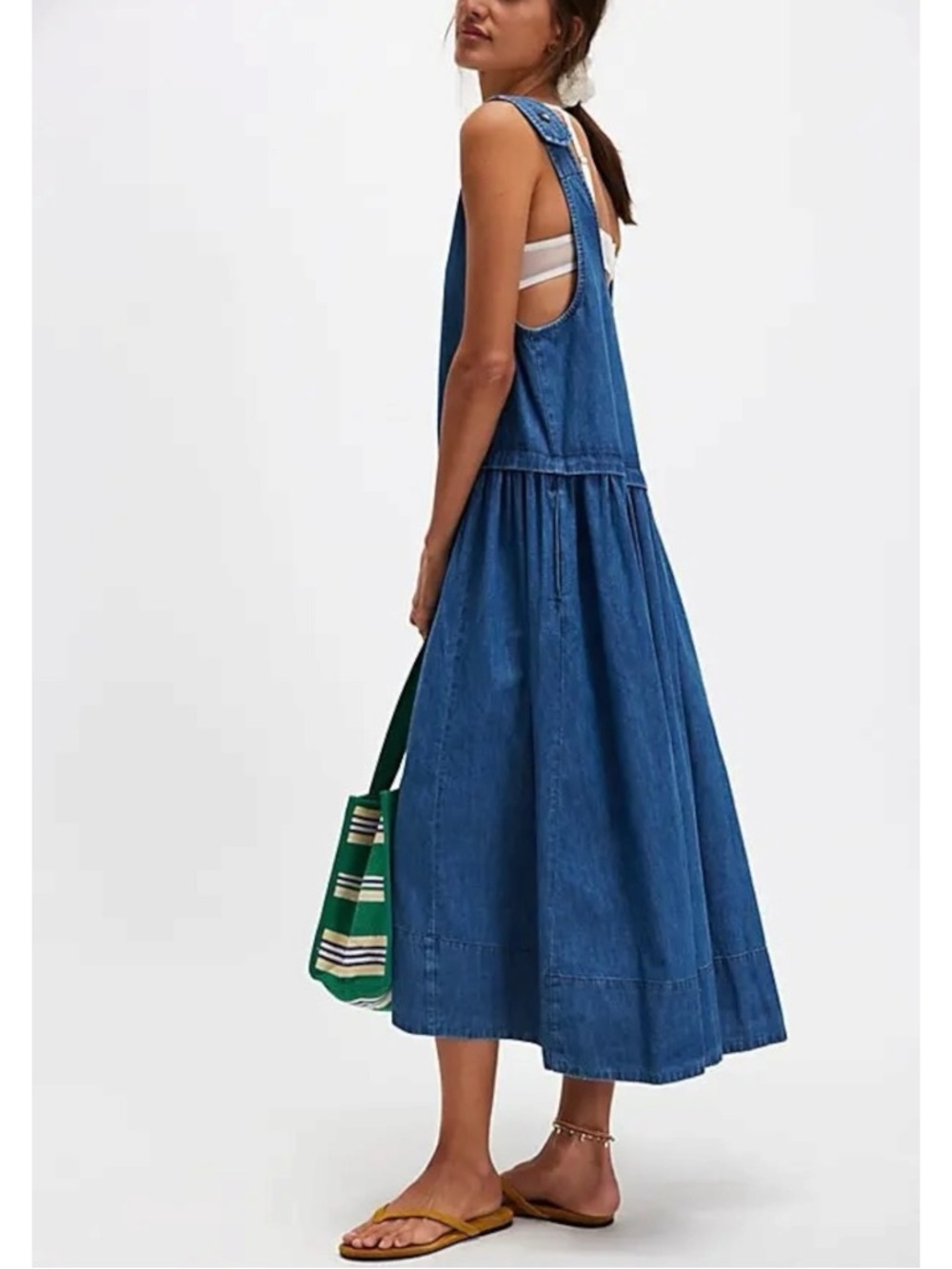 Free People Retro 90s Soraya Light Denim Sky Drop Waist Midi Jumper Dress Large - Picture 4 of 14